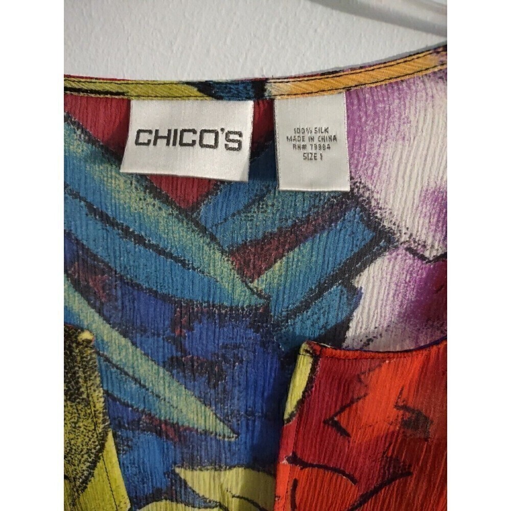 Chico's sz 1 Silk Top Sheer Long Sleeve Cover-Up Bright Floral Red Yellow Blue - Picture 2 of 4
